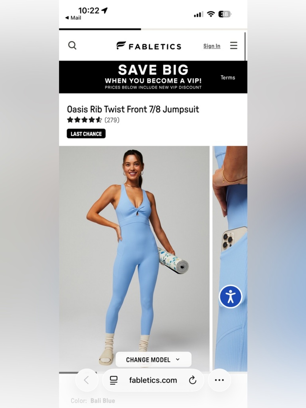 Fabletics Light Blue Ribbed V-Neck Jumpsuit